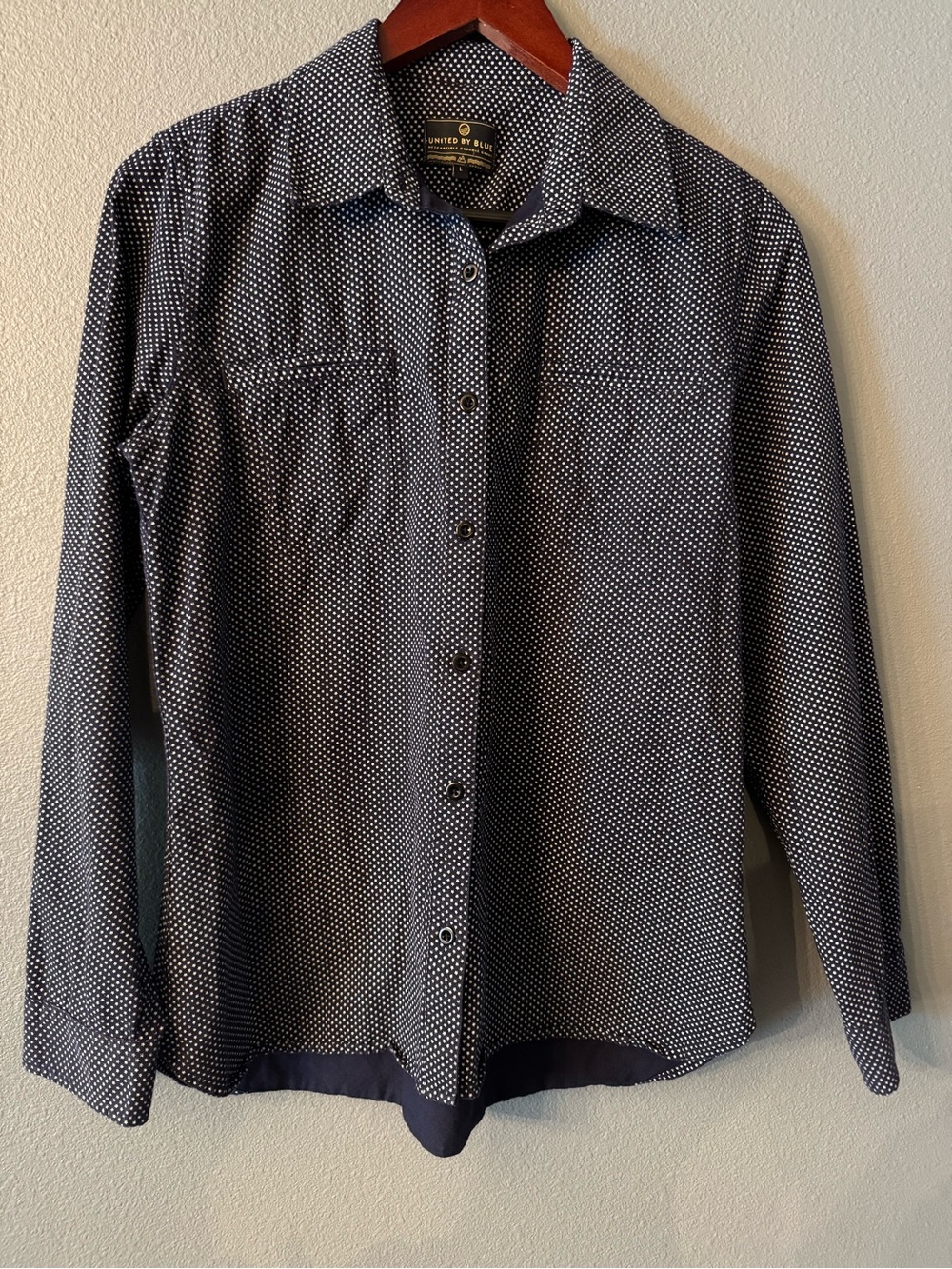 United By Blue Organic Cotton Navy Shirt with White Star Microprint Size L